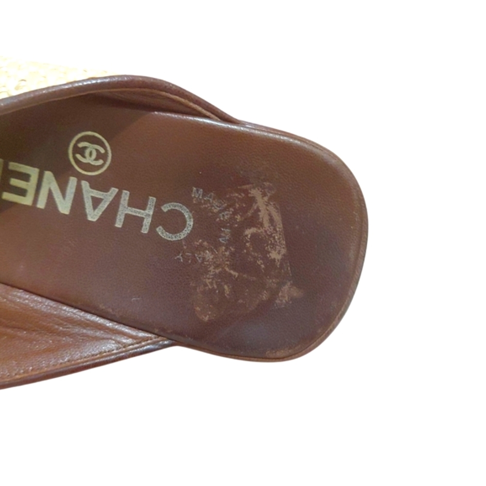 CHANEL Woven Straw And Brown Leather Thong Sandals Women's Size 6 - Picture 9 of 11